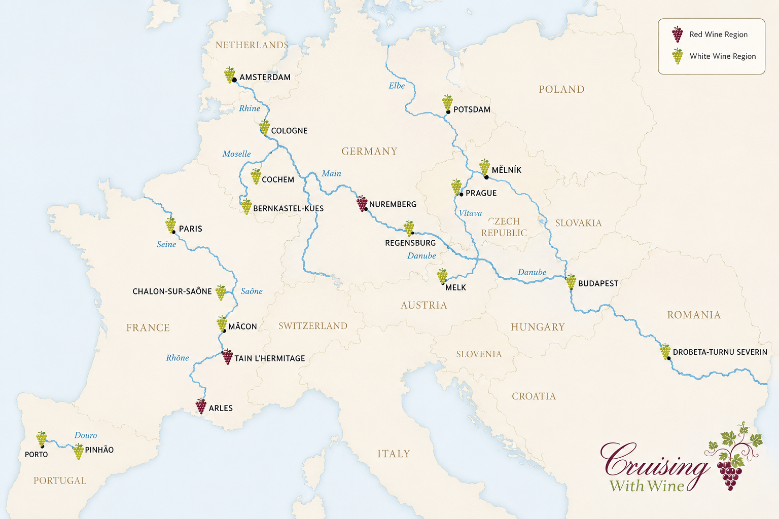 Illustrated map of Western and Central Europe showing the river cruise routes Cruising with Wine covers, with red and white wine region markers at each stop